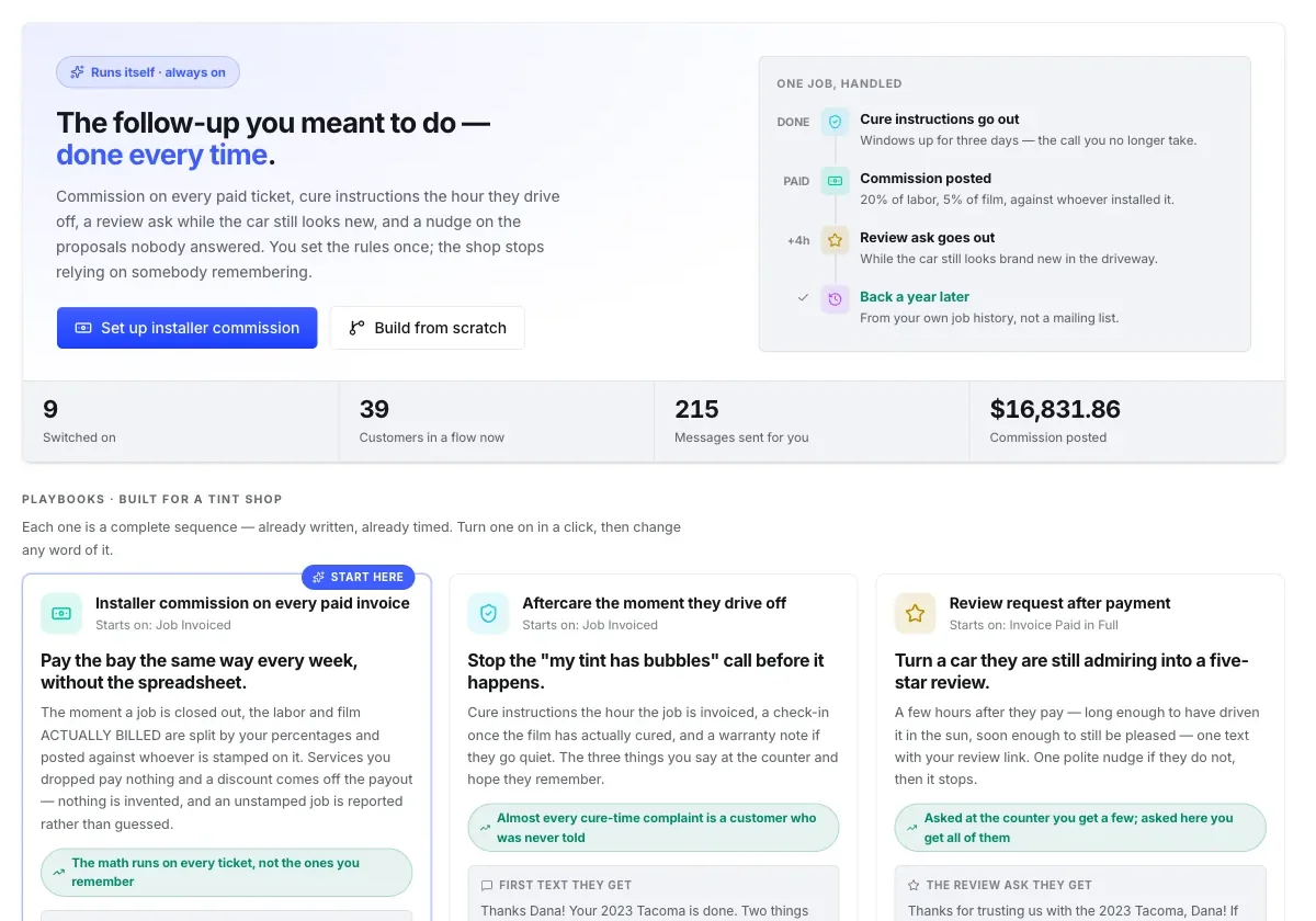Tint Monkey screenshot: automation playbooks written for a tint shop