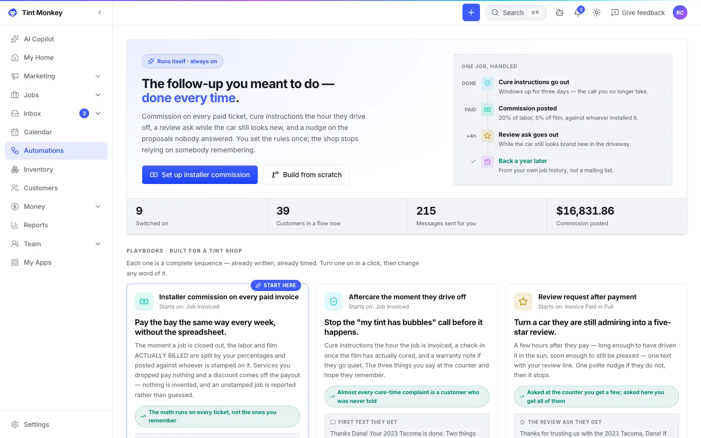 Tint Monkey screenshot: automations running the shop’s follow-up, reviews and commission