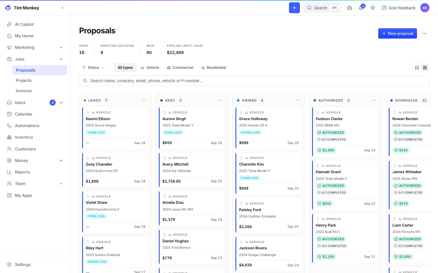 Tint Monkey screenshot: the proposal board, every job from lead to pickup