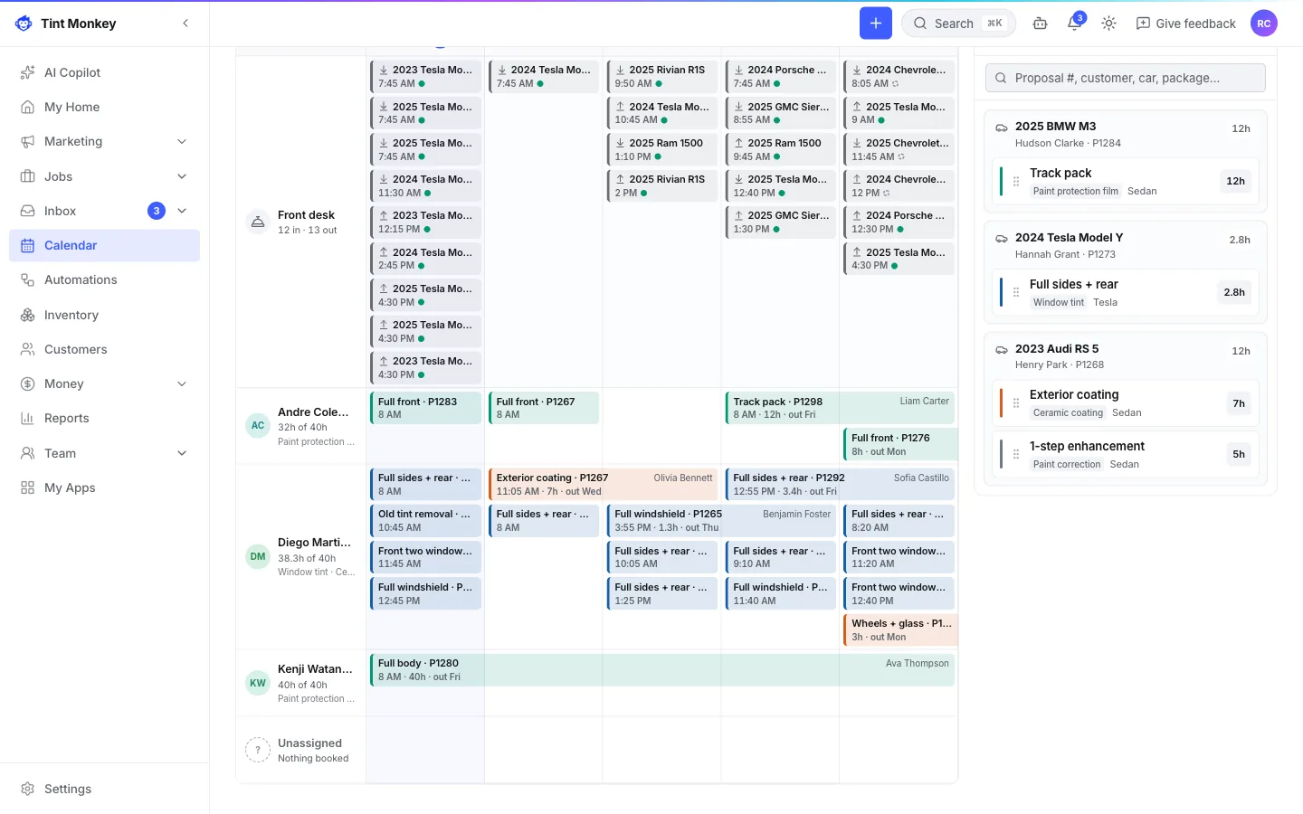 Tint Monkey screenshot: the calendar, installers’ days filled from each package’s bay time