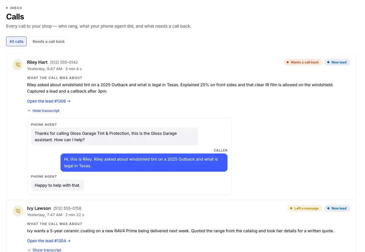 Tint Monkey screenshot: a Phone Concierge call with its summary, lead and transcript