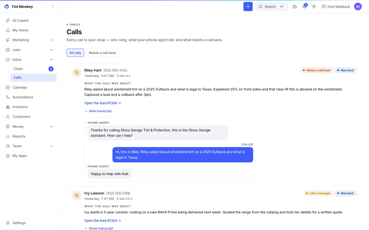 Tint Monkey screenshot: Phone Concierge call log with the summary, lead and transcript of every call