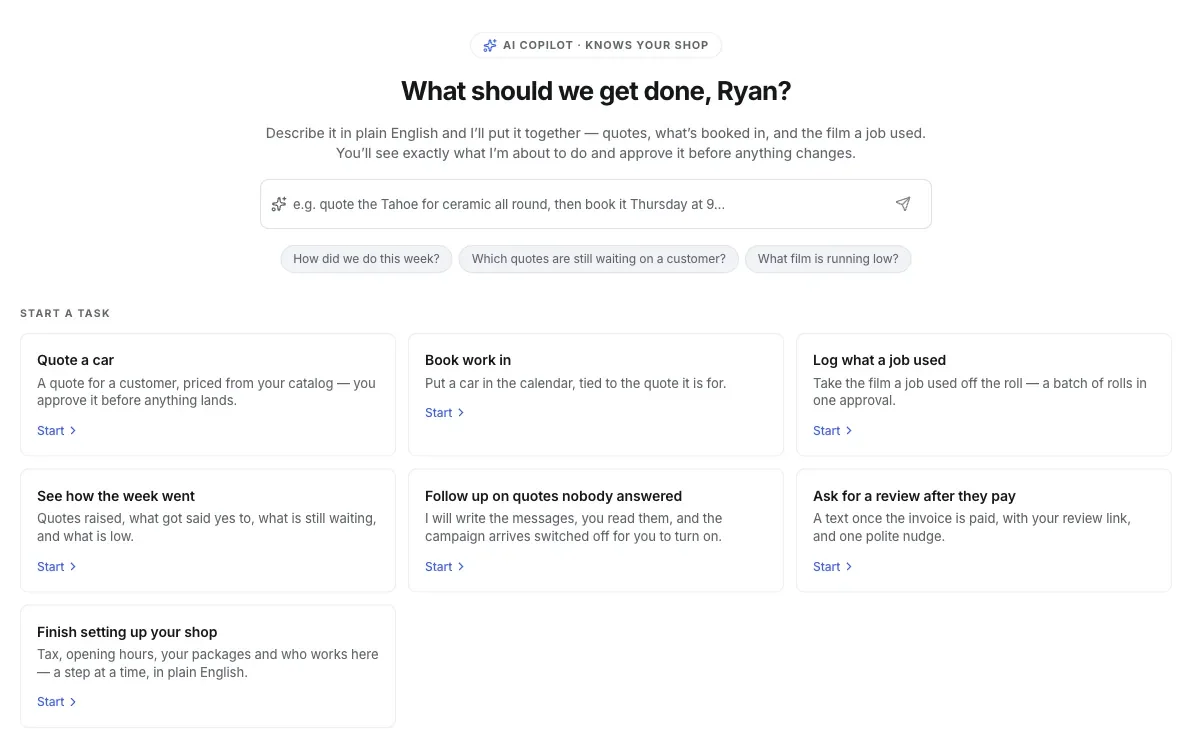 Tint Monkey screenshot: the AI Copilot: describe a job in plain English, approve before anything changes