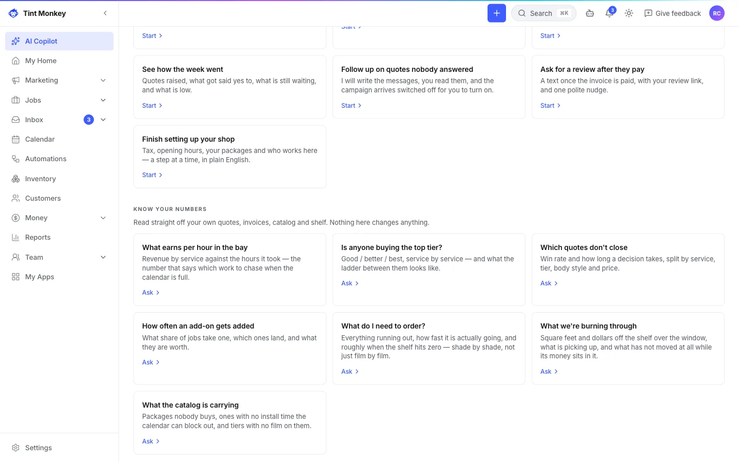 Tint Monkey screenshot: the AI Copilot answering questions from the shop’s own numbers
