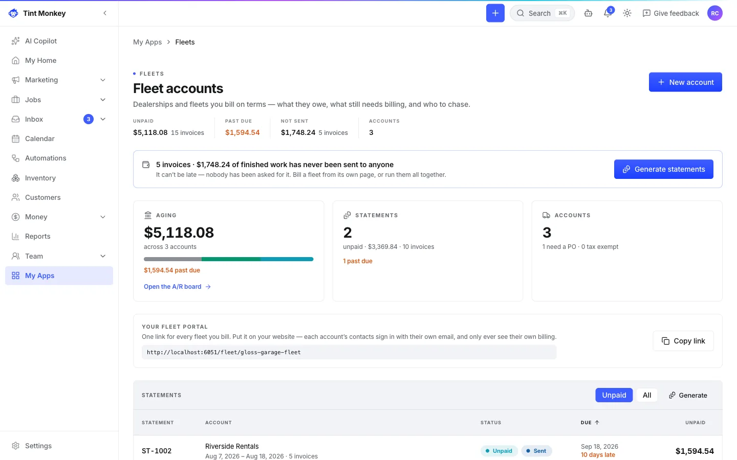 Tint Monkey screenshot: fleet accounts with aging, statements and unbilled work