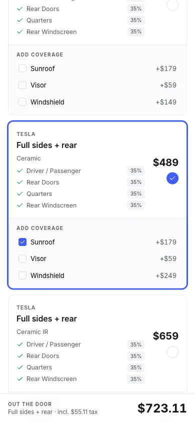 Tint Monkey screenshot: a customer picking Ceramic and adding the sunroof on their phone